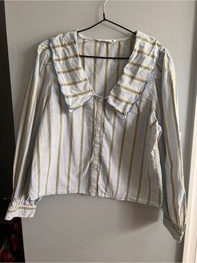 Primark Blue, Yellow & White Striped Ruffle Collar Button-Down Top
